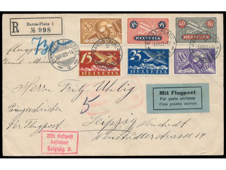 Luftpost-Marken 1923:  kompletter Satz von 6 Werten auf  Luftpost-Einschreibbrief  mit Stempel  Davos - Platz  9.8.23 nach Le