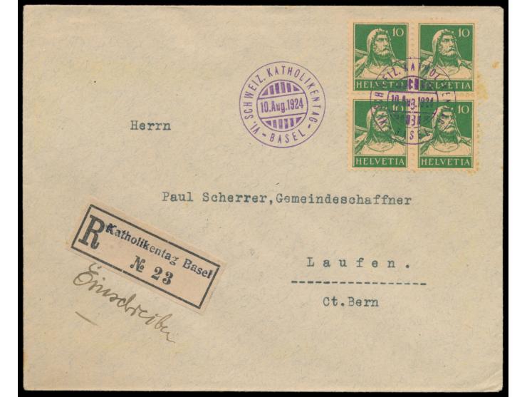 Sonderstempel Basel VI. Schweiz.  Katholikentag  10. 8. 1924 auf Viererblock 10 Ct. Tell grün, auf Einschreibbrief mit  Sonde