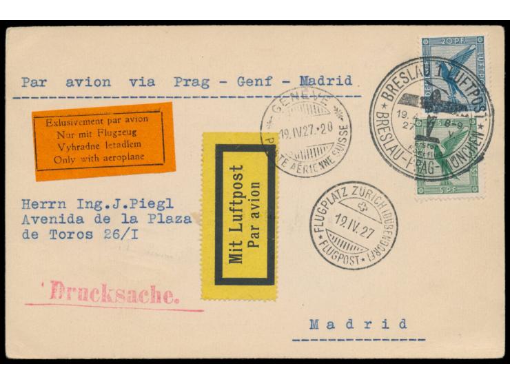 Erstflug Breslau - Prag - München mit Anschlussflug München - Zürich &nbsp;19.41927 und weiter via Geneve nach Madrid, Postka