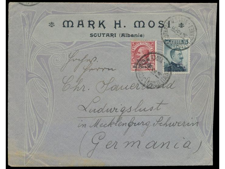 Italienische Post:  Scutari d´Albania 20 Pa. auf 10 C. und 30 Pa. auf 15 C. auf dekorativem Firmenumschlag nach Deutschland, 