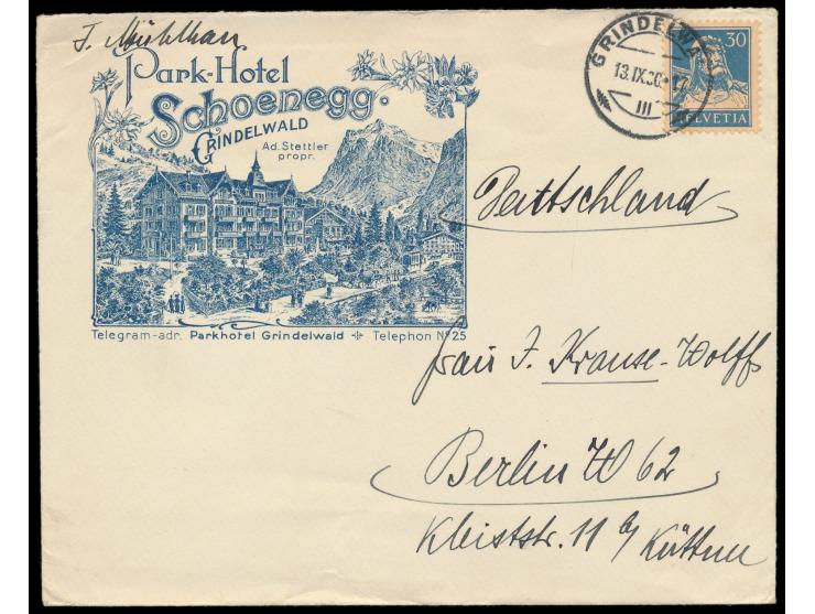 Briefumschlag mit vorderseitig großflächigem sehr fein ausgearbeitetem Bildzudruck  Park-Hotel Schoenegg, Grindelwald  in bla