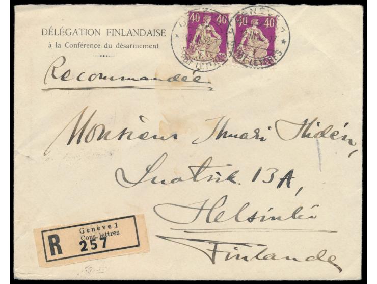 2 x 40 Rp. Helvetia auf  Auslands-Einschreibbrief  mit Stempel  Geneve 1  12.3.32 nach Finnland, vorderseitig Absendereindruc