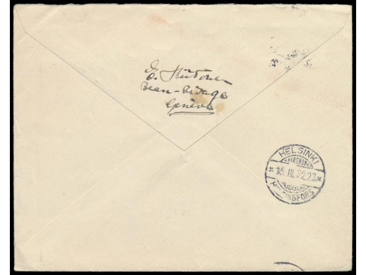 2 x 40 Rp. Helvetia auf  Auslands-Einschreibbrief  mit Stempel  Geneve 1  12.3.32 nach Finnland, vorderseitig Absendereindruc