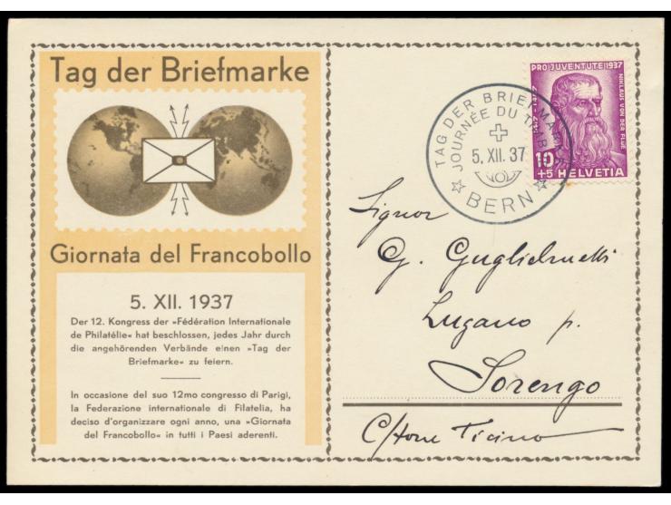 Sonderkarte  Tag der Briefmarke  deutsch / Italienisch  mit 10 Ct. Pro Juventute, Sonderstempel Bern  Tag der Briefmarke  5.1