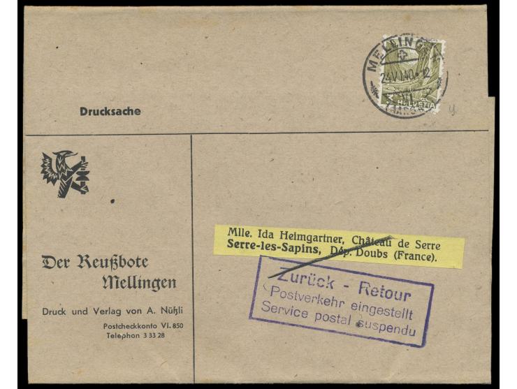 Streifband mit 3 Ct. Landschaft, Stempel Mellingen 24.6.40, nach Frankreich, wegen des deutschen Einmarsches in Frankreich Z3