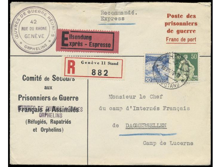 Vordruckbrief Comité de Secours aux Prisoniers de Guerre  Franc de Port,  Frankatur 30 und 50 Rp. auf  Eilboten-Einschreibbri