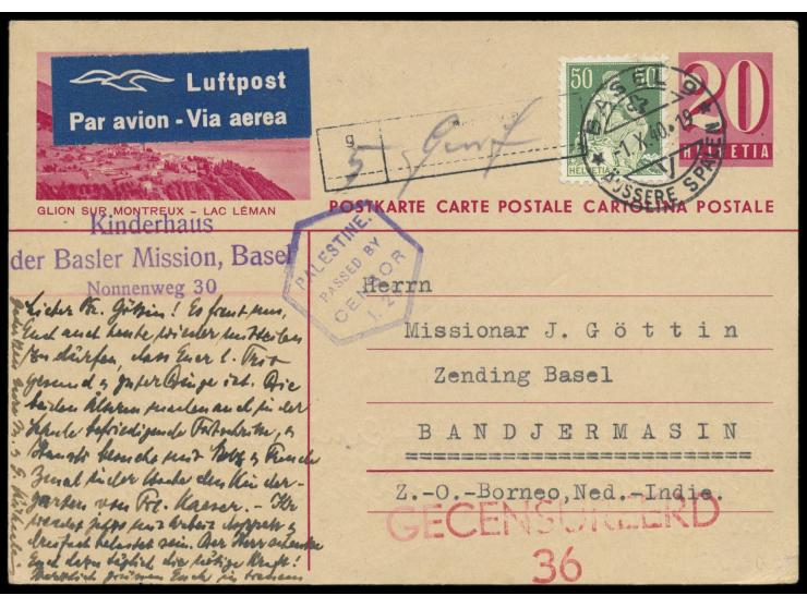 Bild- Ganzsache 20 Ct. mit Zusatzfrankatur 50 Ct. Helvetia als &nbsp;Luftpost nach Banjermasin auf Borneo, &nbsp;Stempel Base