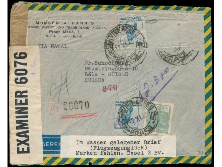 Luftpost-Einschreibbrief  aus Rio de Janeiro 12.11.1942 via USA in die Schweiz, links britischer P.C. 90 Zensurverschlußzette