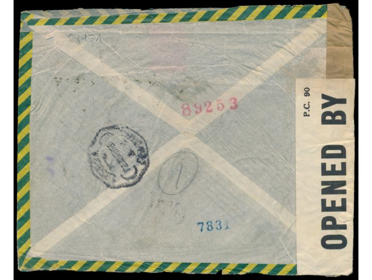 Luftpost-Einschreibbrief  aus Rio de Janeiro 12.11.1942 via USA in die Schweiz, links britischer P.C. 90 Zensurverschlußzette