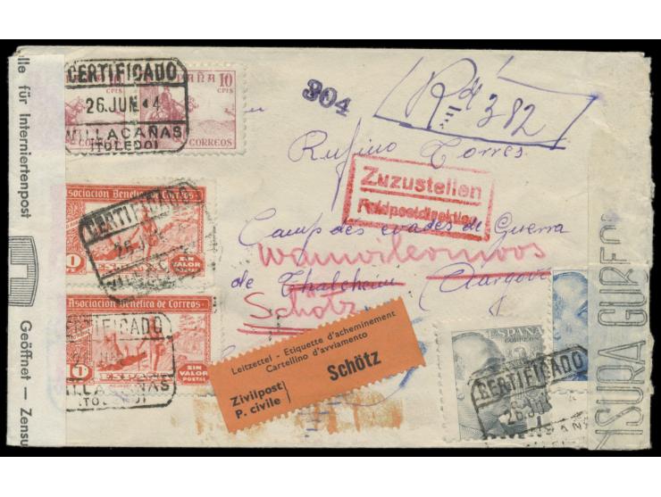 Spanien  2 x 10 C., 30 C. und 1 Pta. mit 2 x Zwangszuschlag 10 C. auf Einschreibbrief aus Villacanas (Toledo) 26.6.44 in die 