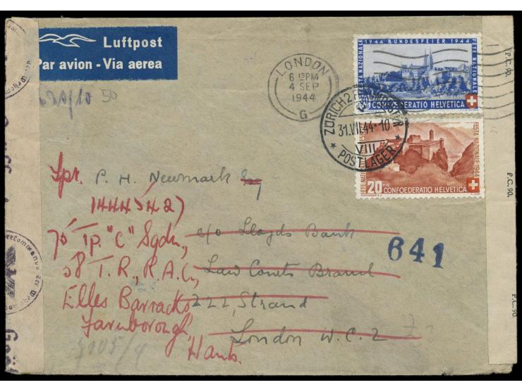 Bundesfeier 20 und 30 ct. auf Luftpostbrief an eine Bank in London, Stempel Zürich 2 Fraumünster Postlager 31.7.44, Zensurver