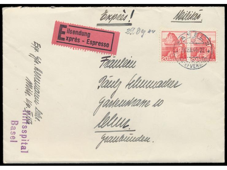 2 x 20 Rp. auf Express-Brief eines Soldaten der Milit. Kp. IV / 56. mit Absenderstempel Hilfsspital Basel nach Chur, &nbsp;nu