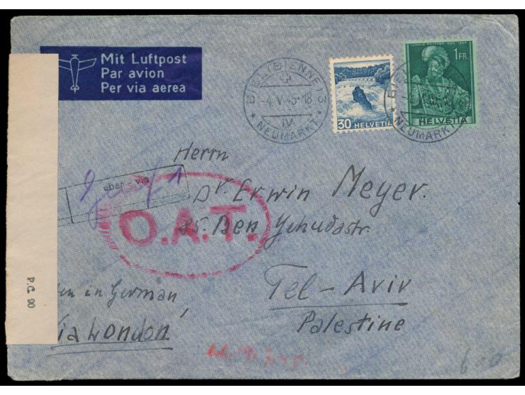 Luftpostbrief mit Stempel Biel (Bienne) 3 4.5.45 via London  nach Palästina,  Frankatur 30 Rp. und 1 Fr., Leitstempel über Ge