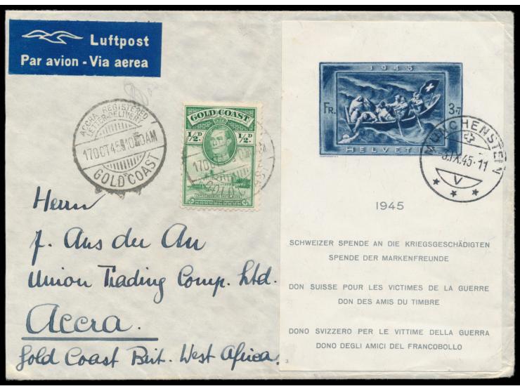 Kriegsgeschädigtenspende-Block  (Rettungsboot) auf Luftpostbrief mit Stempel Münchenstein 9.9.45  nach   Gold Coast,  dort   