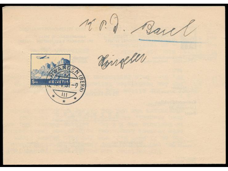 Einzelfrankatur 5 F. Luftpost auf Formular der Schweizer Postverwaltung, als &nbsp;Nachforschungsgebühr für ein beschädigtes 