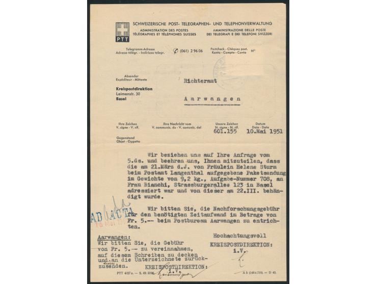 Einzelfrankatur 5 F. Luftpost auf Formular der Schweizer Postverwaltung, als &nbsp;Nachforschungsgebühr für ein beschädigtes 