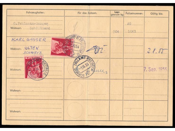 Verzollungsausweis und Ausfuhrfreipass   für Motorfahrzeuge  der schweizerischen Zollverwaltung, innen 2 x  Freimarke 90 Rp. 