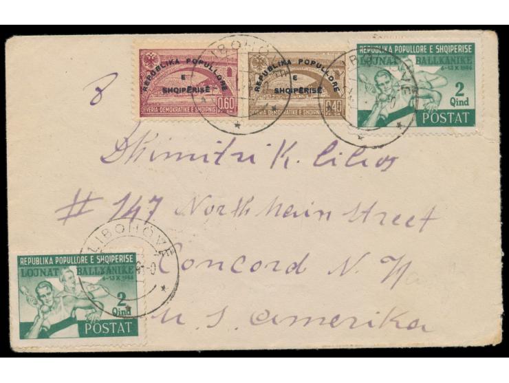 Volksrepublik,  Ausrufung der Volksrepublik 0,40 Fr. und 0,60 Fr. mit 2 x Balkan-Spiele 2 Q. auf Brief nach USA, weiterverwen