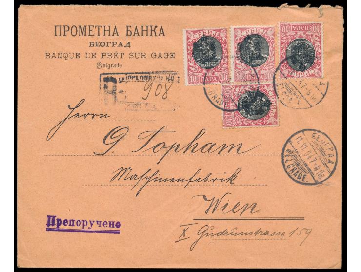 4 x 10 Pa. mit Wappenüberdruck (Ausgabe 1903) auf  Einschreibbrief  mit Stempel Beograd 11.6.04 nach Wien, schwarzer R-Stempe