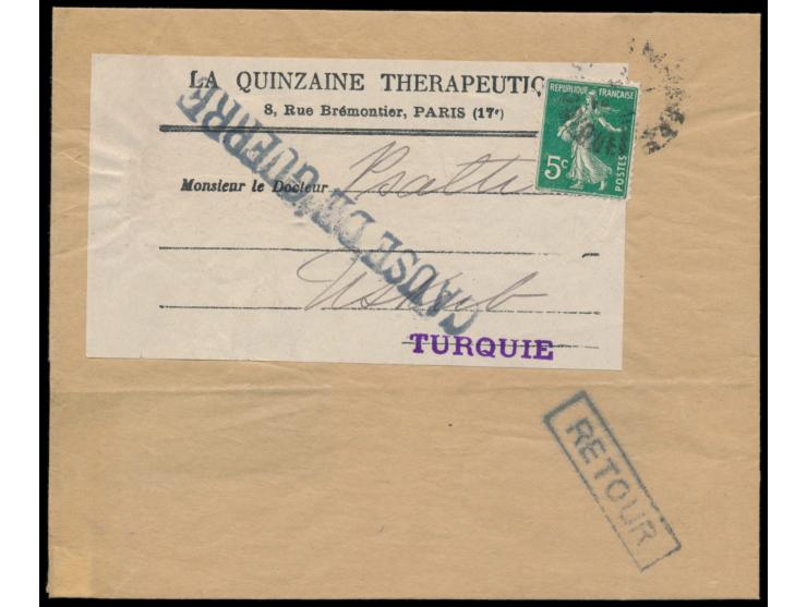 Frankreich 5 C. auf Zeitungsstreifband mit Stempel Paris 25.11.12  nach Uskub / Skopje, "Türkei",  wegen des Balkankrieges un