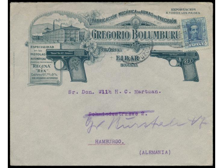 40 C. Vaquer auf  Reklameumschlag  "Gregorio Bolumburu" mit Abbildung von zwei Handfeuerwaffen, Stempel  Eibar  1928 nach Ham
