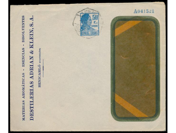 Privatganzsachenumschlag  "Destilerias Adrian Klein S.A., Benicarlo" mit Wertstempel Matrona 50 C., Kontrollnummer A041521, B