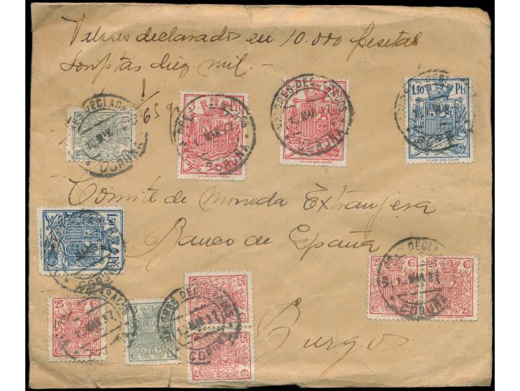 Stempelmarken-Aushilfsfrankatur  "Especial Movil" 2 x 15 C., 5 x 25 C., 2 x 1,50 Pts. und 2 x 3 Pts. komplett vorderseitig au