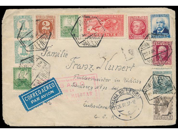 Internationale Brigaden, &nbsp;frankierter Luftpostbrief eines tschechischen Freiwilligen in die Tschechoslowakei, Absender &