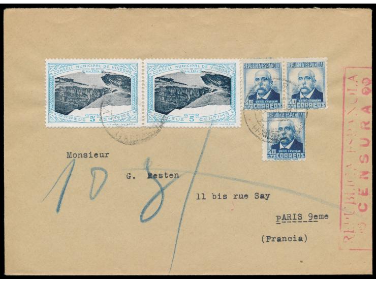 3 x 40 Cts und waagerechtes Paar Lokalausgabe  "Conseil Muncipal de Vinebre 5 Centimos"  (hellblau und schwarz) mit  kopfsteh