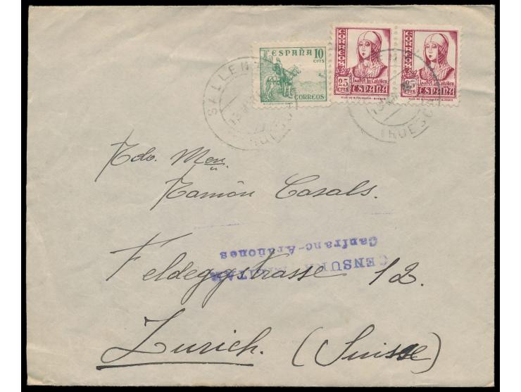 2 x 25 Cts. und 10 Cts. auf Auslandsbrief mit Stempel  Sallent (Huesca)  13.3. in die Schweiz, seltener violetter L2  Censura