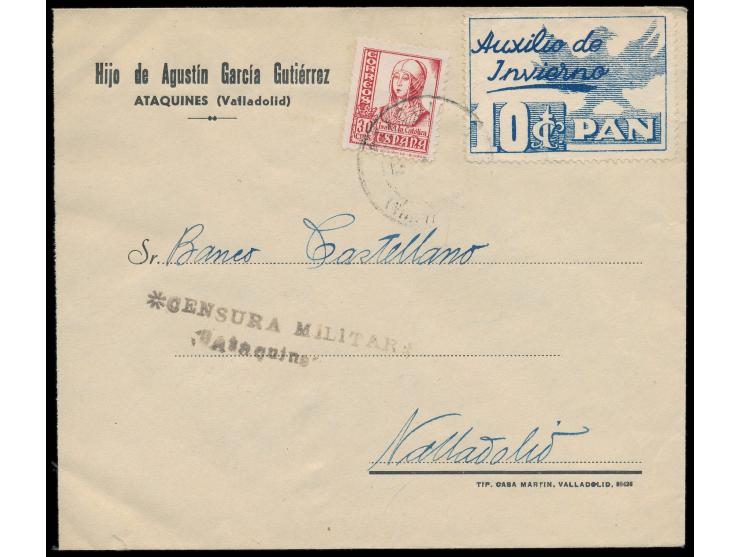 Firmenbrief mit 30 C. Isabella und Zwangszuschlagsmarke 10 C. mit undeutlichem Stempel Ataquines nach Valladolid, sehr selten