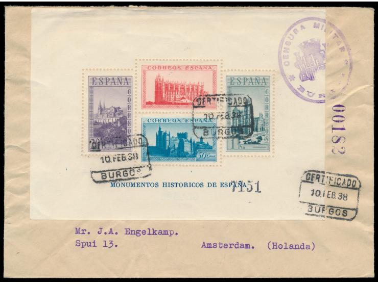 Blockausgabe  "Historische Baudenkmäler" gezähnt auf Einschreibbrief nach Amsterdam, Stempel  Certificado Burgos  10.2.38,  E
