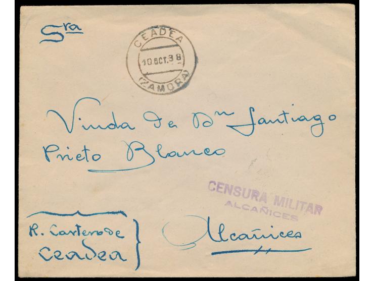 unfrankierter Brief mit Stempel  Ceadea (Zamora)  10.10.38 nach Alcanices, violetter L2  Censura Militar / Alcanices
Stichwor