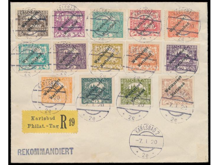 14 verschiedene Werte der Hradschin-Ausgabe mit  Aufdruck "Weltkurort Karlsbad"  auf Umschlag ohne Adresse, Stempel  Karlsbad
