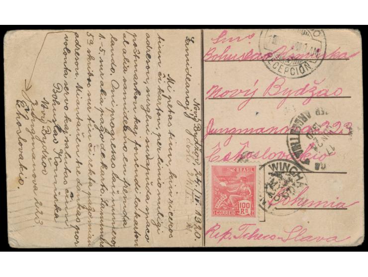 "Reise um die Welt"  1920: Postkarte ausgehend von der Tschechoslowakei (Marke beschädigt) über Canada, Argentinien, Cuba, Ch