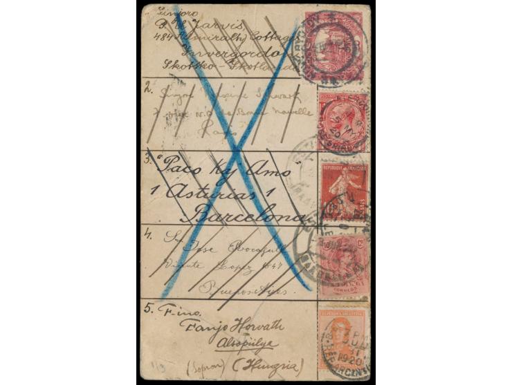 "Reise um die Welt"  1920: Postkarte ausgehend von der Tschechoslowakei über Großbritannien, Frankreich, Spanien, Argentinien