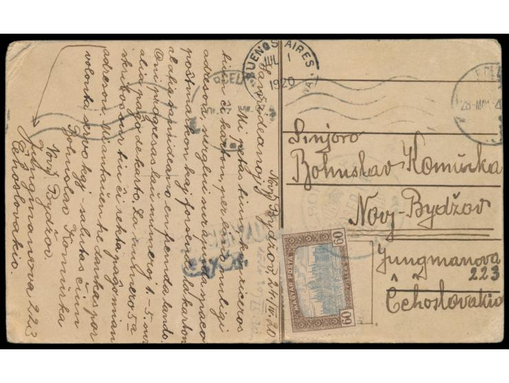 "Reise um die Welt"  1920: Postkarte ausgehend von der Tschechoslowakei über Großbritannien, Frankreich, Spanien, Argentinien