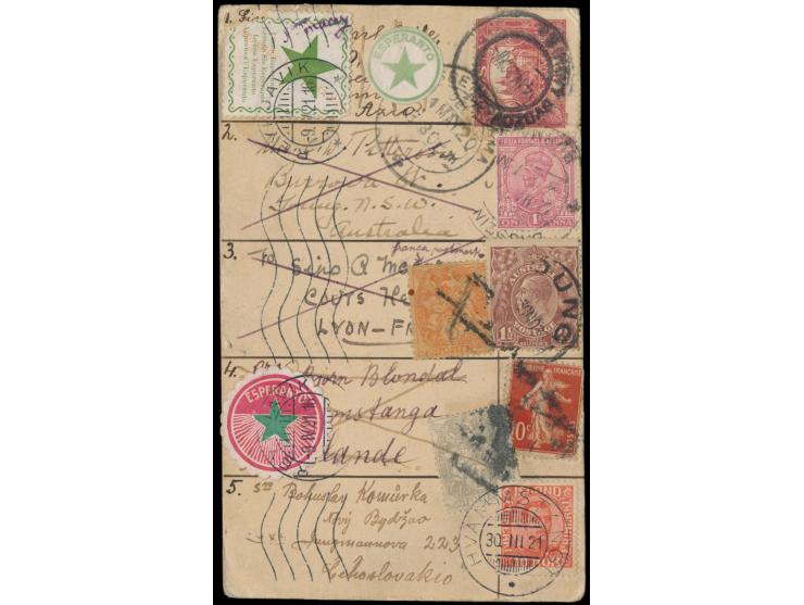 "Reise um die Welt"  1920 - 1921: Postkarte ausgehend von der Tschechoslowakei über Indien, Australien, Frankreich und Island