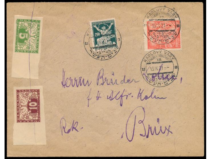 zweisprachiger Sonderstempel  Karlsbad XII. Zionisten-Kongress  13.9.21 (tschechisch / hebräisch), drei Abschläge auf Brief m