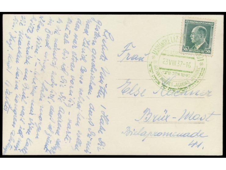 grüner Sonderstempel  Marianske Lazne 1 - Marienbacd 1 - III. Svetovy Kongres "Agudas Jisroel"   ...  (zusätzlich Text in heb
