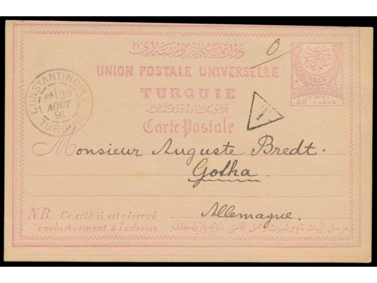 Türkei-Ganzsache 20 Pa. mit Stempel des französischen Postamts  Constantinople / Turquie  20.8.91 nach Deutschland, französis