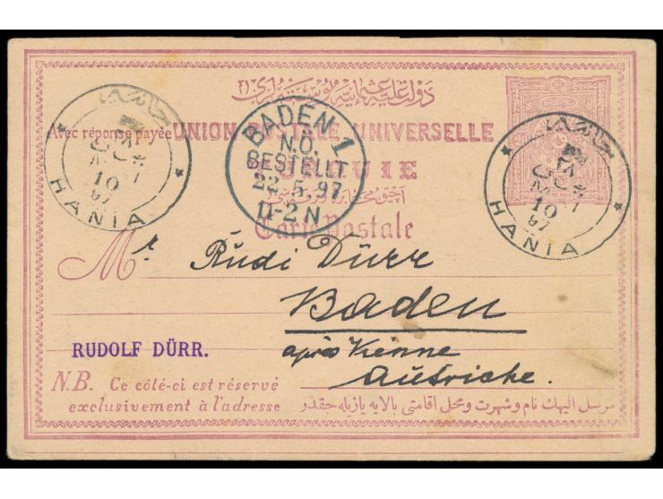 2 x Stempel  Hania  10.5.97 auf Ganzsache 20 Pa. nach Österreich, Ankunftstempel Baden N.Ö. 22.5.97, Bedarf
Stichwörter: Grie