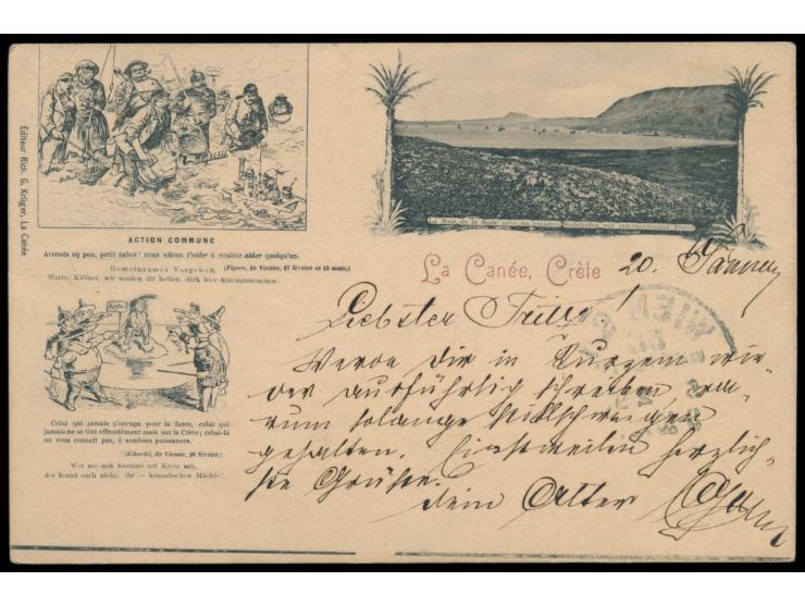 Stempel &nbsp;Hania &nbsp;28.1.98 auf mit 20 Para-Marke frankierter Ansichtskarte &quot;La Canée, Crète&quot; mit Karikatur-Z