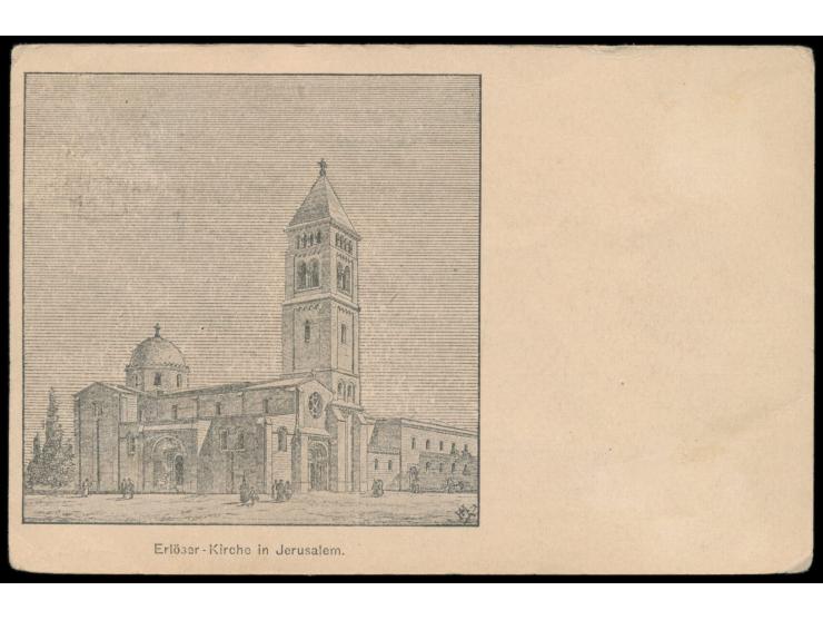 Stempel  Camp Imperial Jerusalem  auf Ansichtskarte "Erlöser-Kirche in Jerusalem" mit 20 Para-Frankatur nach Berlin, Ankunfts