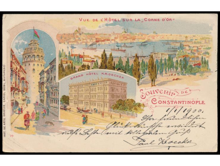 dekorative  Dreibild-Litho-Ansichtskarte  des  Grand Hôtel Kroecker, Constantinople  mit rumänischem Postkartenvordruck (Verl