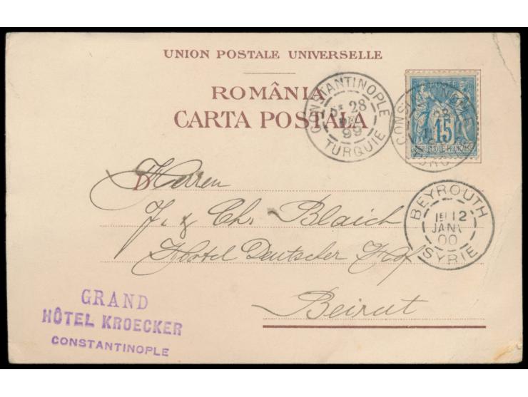 dekorative  Dreibild-Litho-Ansichtskarte  des  Grand Hôtel Kroecker, Constantinople  mit rumänischem Postkartenvordruck (Verl