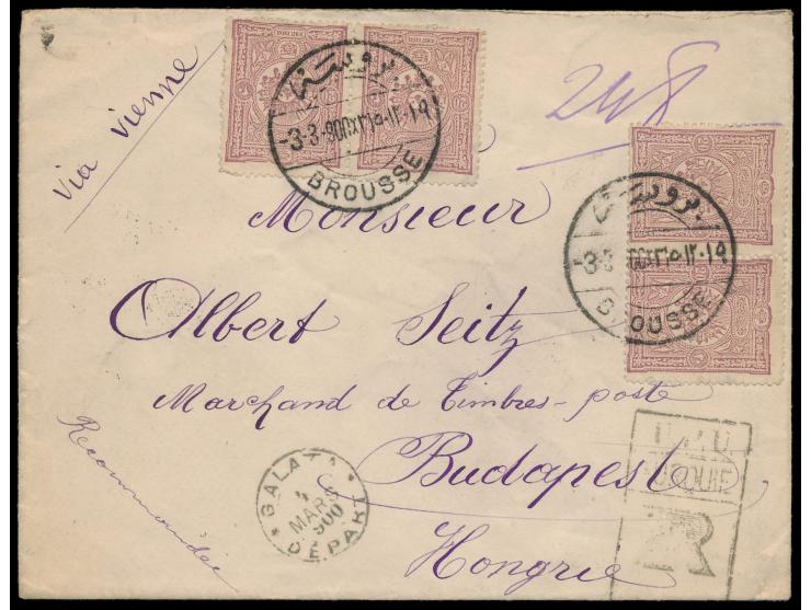 4 x 20 Pa. auf  Einschreibbrief  mit Stempel  Brousse  3.3.1900 U.P.U.-R-Stempel nach Budapest, Durchgangsstempel Galata Dépa