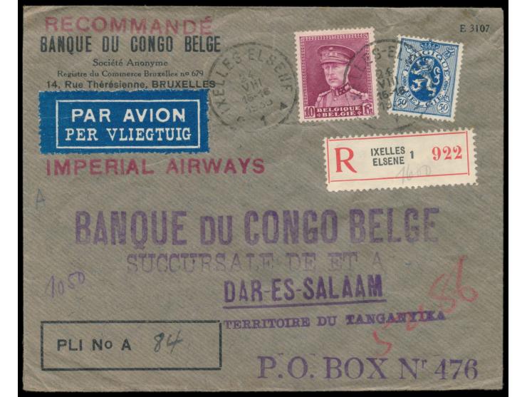 50 C. Wappenlöwe und Höchstwert  10 F. König Albert  auf  Luftpost-Einschreibbrief  nach Tanganyika, Stempel Ixelles - Elsene