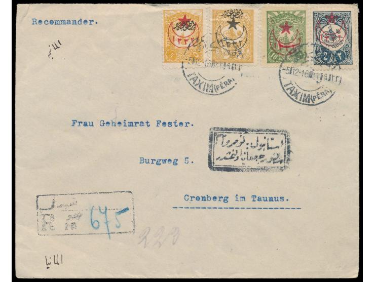 vier Marken mit Halbmond-Aufdruck und Jahreszahl 1331 auf  Einschreibbrief  nach Deutschland, Gesamtfrankatur 2 Pia. für den 