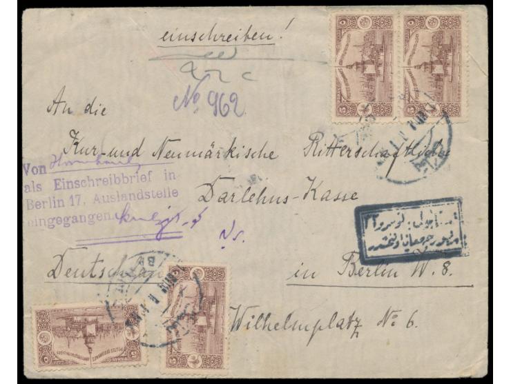 20 x 5 Para Leanderturm (1914) als seltene  Massenfrankatur  beidseitig auf  Einschreibbrief  mit Stempel  Baalbek  1916 und 